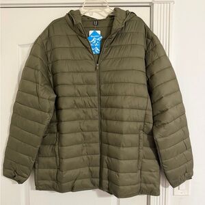 Lightweight Olive Hooded Puffer Zip Up Jacket 2XL